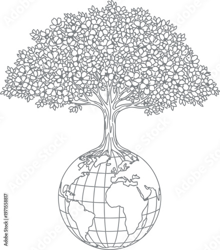 Detailed black and white line art illustration showing a large blooming tree growing from the top of the earth globe representing global environmental conservation concepts