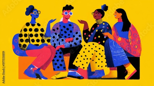 Wallpaper Mural Vibrant and Playful Illustration of Friends Chatting and Sharing Laughter in Colorful Outfits Against a Bold Yellow Background Torontodigital.ca