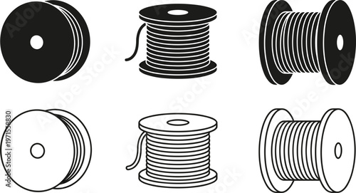Cable spool set with wire reels in solid and outline styles electrical equipment storage vector illustration collection