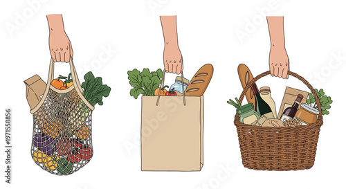 Comparison of sustainable grocery shopping methods showing hands holding a mesh net bag, a paper sack, and a woven wicker basket full of food.