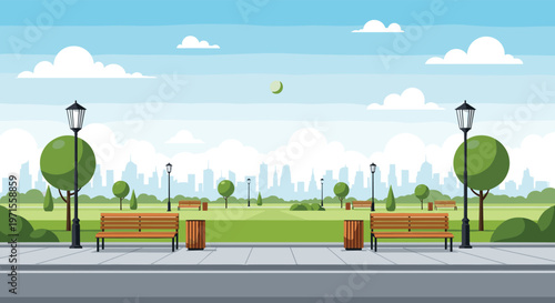 Peaceful public city park landscape featuring wooden benches, street lamps, manicured green lawns, and a distant urban skyline under a blue sky.