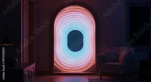 Surreal glowing portal with concentric neon rings in a dark room