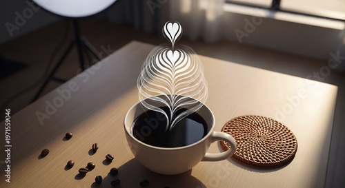 A cup of coffee with a surreal heartshaped steam pattern on a table