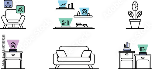 Augmented reality interior design concept featuring holographic furniture and smart home office decor elements.