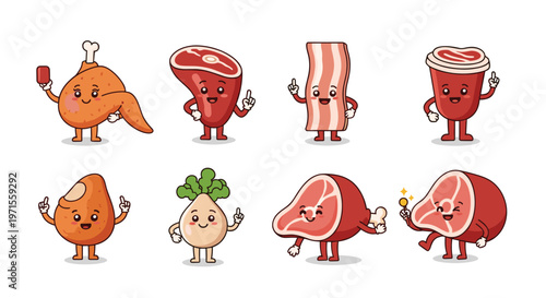 Collection of cute cartoon meat characters with expressive faces and poses including steak, bacon, and chicken drumsticks.
