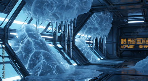 Frozen futuristic spaceship corridor with ice formations
