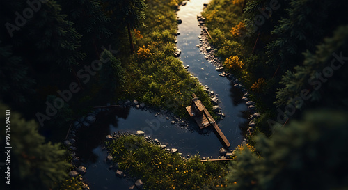 Aerial view of a wooden cabin on a winding river in a dense forest