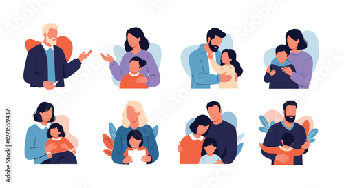 Collection of diverse family portraits depicting parents and children in loving and supportive emotional moments.