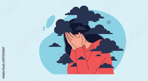 Sad person covering their face with hands while surrounded by dark clouds representing depression or mental health.