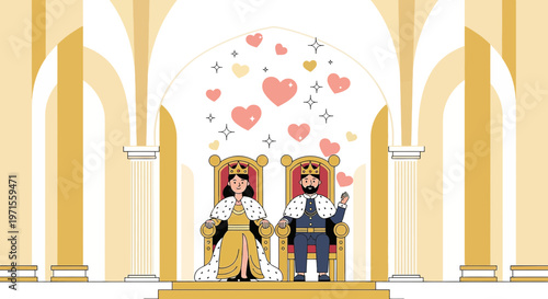 Royal Couple on Thrones, Hearts Symbolizing Love and Romance in Palace