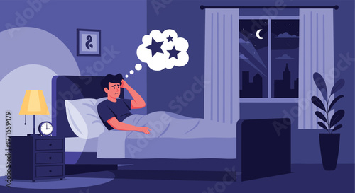 Pixel art scene of a person in bed suffering from insomnia or thinking late at night with a full moon through window.