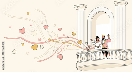Royal Couple Wedding Celebration on Balcony with Hearts and Streamers