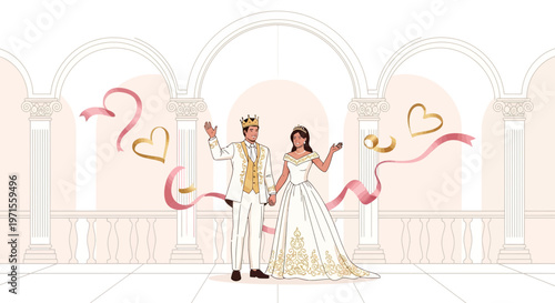 Royal Couple Wedding Celebration with Hearts and Ribbons