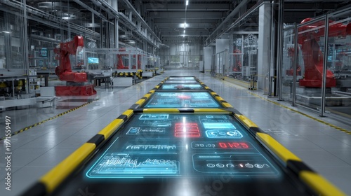 Wallpaper Mural Futuristic Factory Production Line with Digital Interfaces and Robotic Arms for Automated Manufacturing Processes Torontodigital.ca