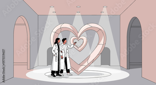 Scientists Examine Giant Heart Sculpture in Modern Art Gallery