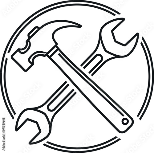 Minimalist line art illustration featuring a crossed hammer and wrench within a circular emblem, symbolizing repair, maintenance, construction, and general handyman services.