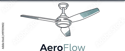 Modern metal ceiling fan design with three aerodynamic blades mounted on a white architectural line drawing background showing efficient cooling technology for residential room interior spaces