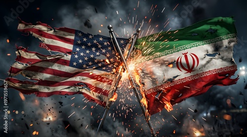Us and iran flags clash in a dramatic scene with fireworks and sparks