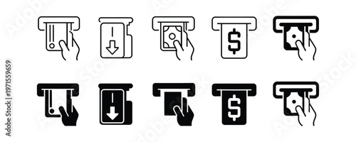 Set of ATM icons in various styles and colors for finance concepts