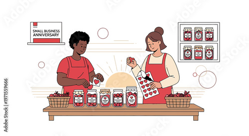 Small Business Anniversary Celebration: Jam Makers Decorating Jars with Heart Stickers