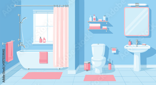 Modern and clean bathroom interior design featuring a bathtub, toilet, sink, mirror, and towels in a harmonious blue and pink color palette.