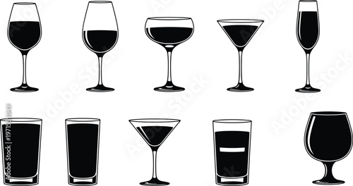 Set of wine glasses and cocktail drinkware silhouettes, alcohol glass collection, bar equipment icons, beverage illustration isolated on white background
