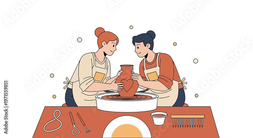 Two Women Learning Pottery Together, Crafting Ceramic Art