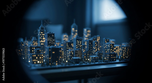 Miniature city model with glowing windows at night
