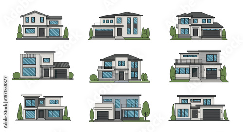 Assorted set of modern two story residential house designs with large windows, garages, and manicured landscaping in a contemporary gray style.