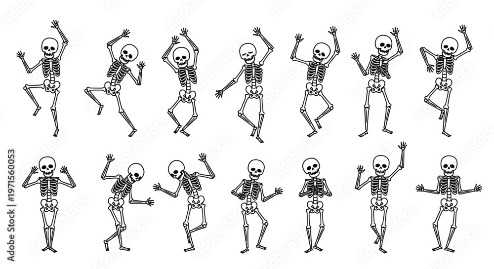Obraz premium Collection of various dancing skeleton characters in fun and expressive poses drawn in a simple black and white cartoon style for halloween.