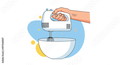 Hand holding a white electric hand mixer with a whisk attachment over a large white mixing bowl on a vibrant blue and yellow background.