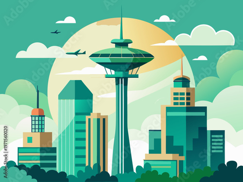 Futuristic cityscape with a towering observation deck and hovering airplane