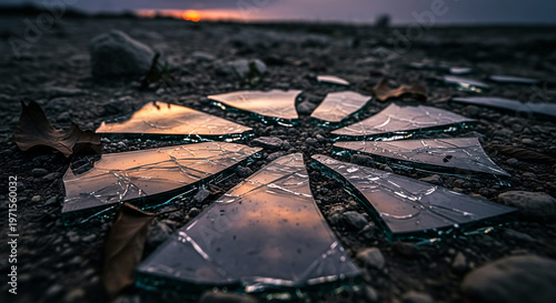 Shattered glass fragments reflecting a sunset on a rocky ground