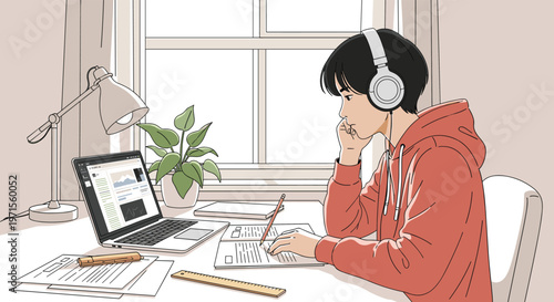 Diligent young student wearing headphones while studying with a laptop and notebook at his desk in front of a window at home.