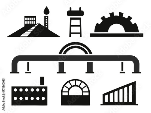 Collection of various architectural and structural icons in black and white
