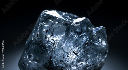 Closeup of a translucent crystalline mineral with intricate fractures