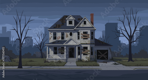 Spooky abandoned house with boarded windows and broken roof at night in a dark landscape for halloween and horror theme.