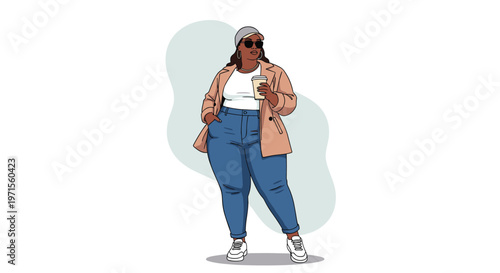 Stylish plus size woman in trendy brown coat and jeans holding coffee cup in a casual urban pose for fashion concept.