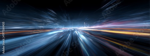 Dynamic Light Streaks Forming a Digital Highway in Cyberspace with Futuristic Effects and Motion Blur