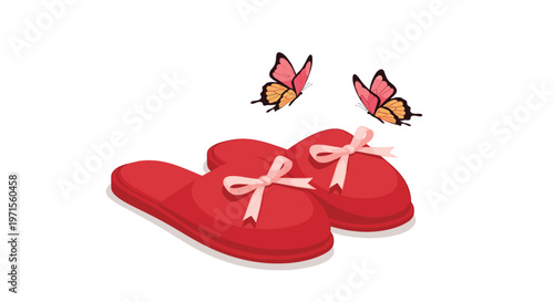 Pair of red house slippers with pink bows and colorful butterflies flying above on a white background for home comfort.
