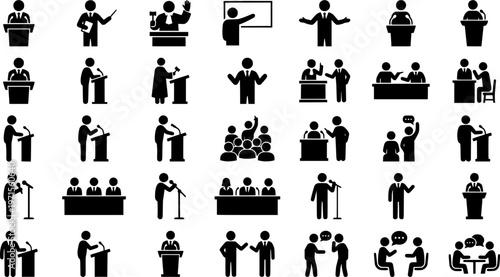 Courtroom silhouettes of male and female figures in professional attire
