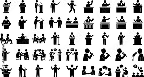 Courtroom silhouettes of male and female figures in professional attire
