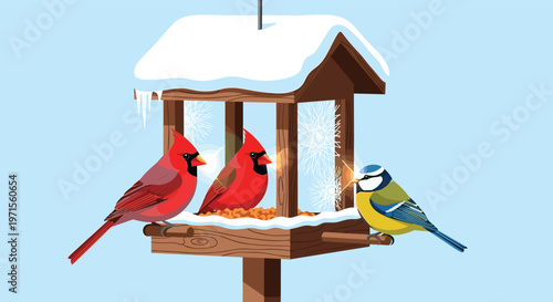 Winter bird feeder covered in snow with two red cardinals and one blue tit perched together during a cold snowy season.