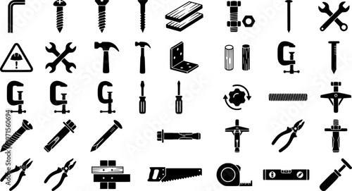 Set of line art tools and fasteners for construction and diy projects

