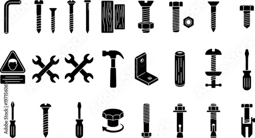 Set of line art tools and fasteners for construction and diy projects
