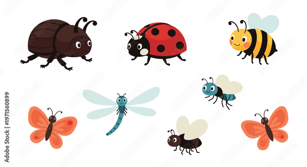Obraz premium Group of cute cartoon insects featuring ladybug bee dragonfly and butterflies in friendly animated styles for kids.