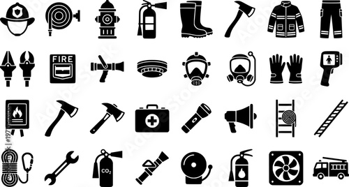 Firefighter equipment icons: axe, hose, helmet, extinguisher, hydrant, boot
