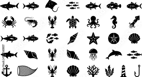Marine life icons: fish, crab, shrimp, shell, starfish, squid, anchor, net, octopus
