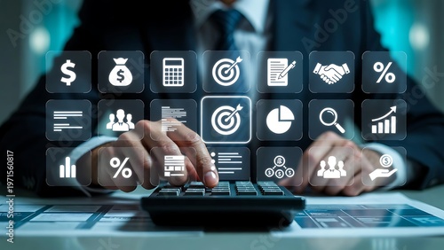 Business professional using calculator with financial and analytics icons displayed