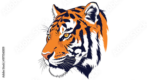 Majestic tiger head profile illustration with orange and black stripes and intense yellow eyes on a white background.
